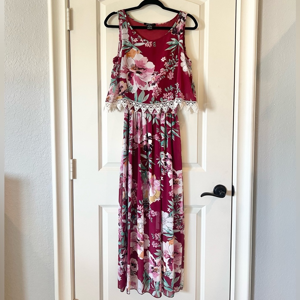 Robert Louis Y2K Aesthetic Maroon Floral Chiffon Maxi Dress Boho Lace Trim Large